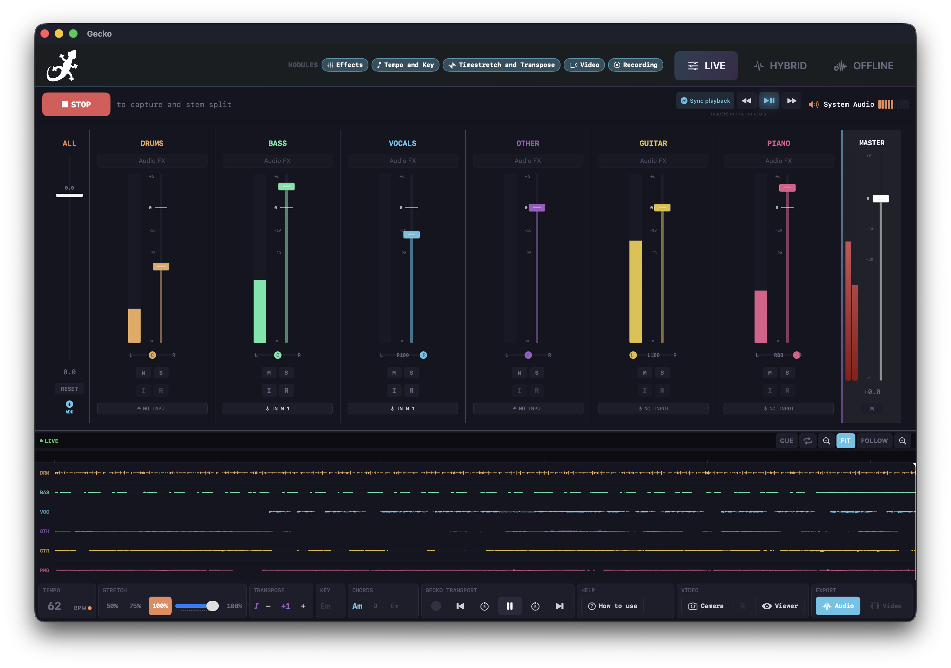 Live mixer with stem faders