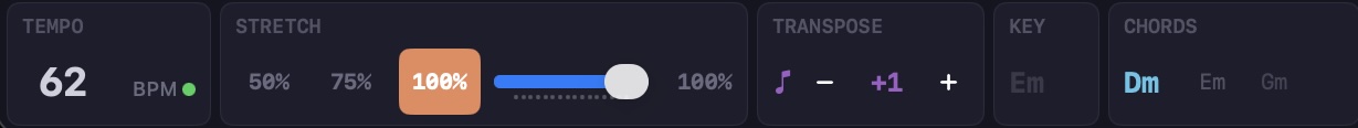 Tempo, stretch, transpose and key controls